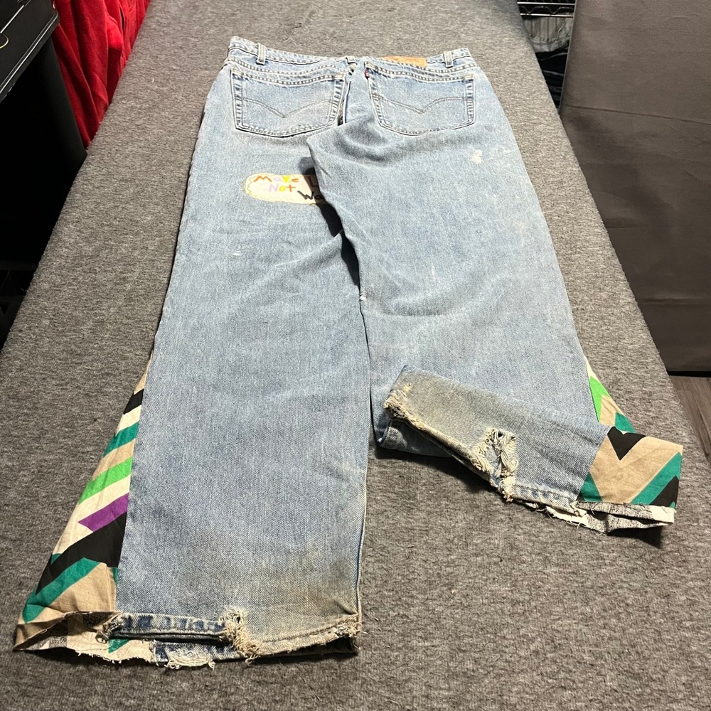 Vintage Levis 550 Custom Flare Jeans 38x32 Light Wash Distressed DIY 90s Hippie